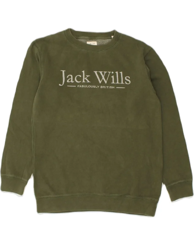 JACK WILLS Womens Graphic Sweatshirt Jumper UK 10 Small  Green Cotton Hoodie with Zipper Placket Modern Functional