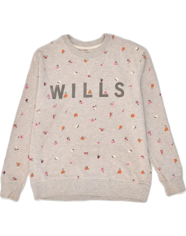 JACK WILLS Womens Graphic Sweatshirt Jumper UK 10 Small Grey Floral Cotton Hoodie with Raglan Sleeves Sporty Comfortable