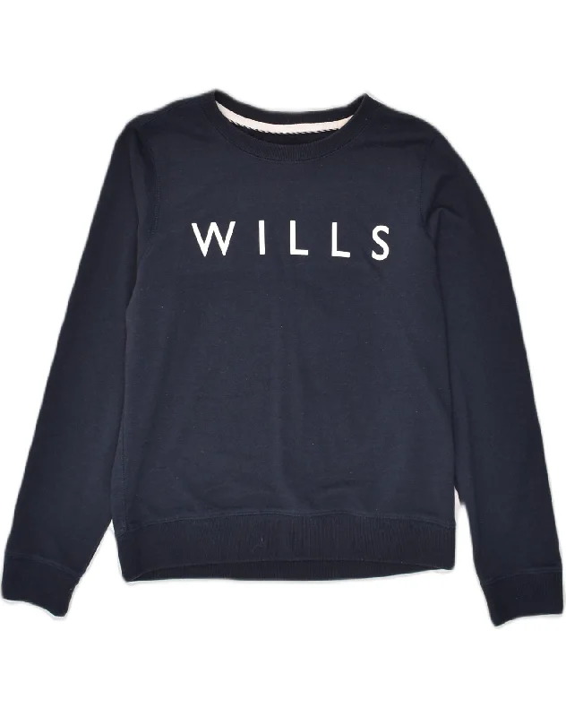 JACK WILLS Womens Graphic Sweatshirt Jumper UK 10 Small Navy Blue Cotton Hoodie with Elastic Cuffs Stretchable Comfortable