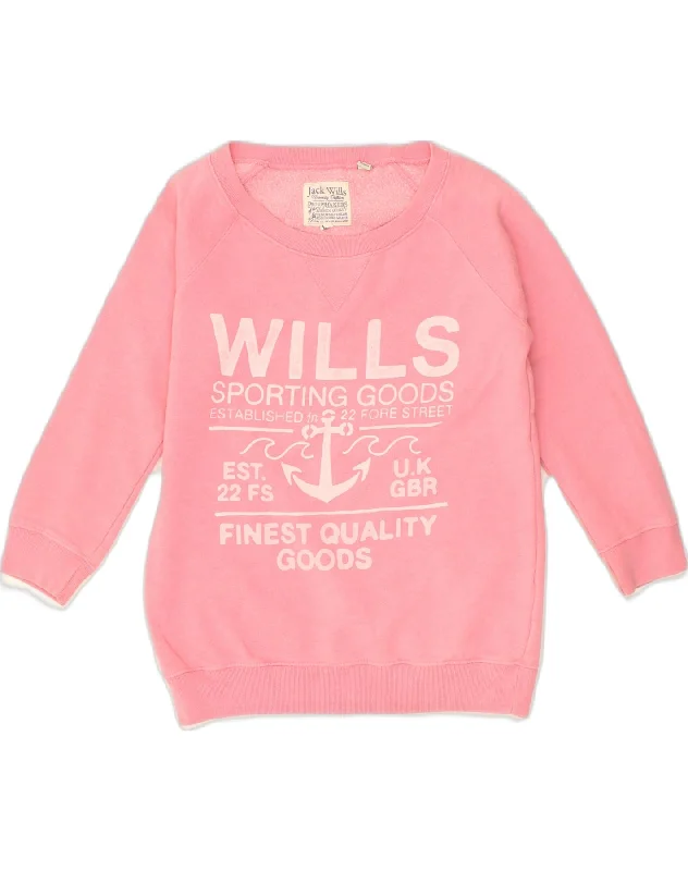 JACK WILLS Womens Graphic Sweatshirt Jumper UK 10 Small  Pink Cotton Hoodie with Mock Neck Collared Structured