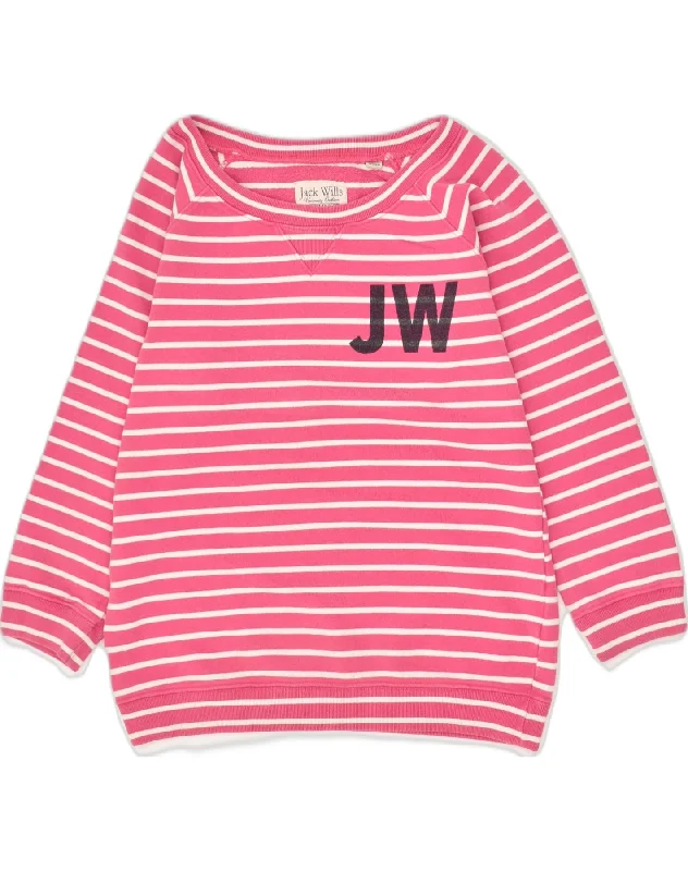 JACK WILLS Womens Graphic Sweatshirt Jumper UK 10 Small  Pink Striped Hoodie with Cropped Fit Short Trendy