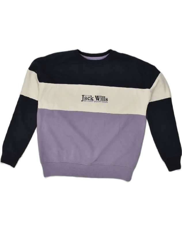 JACK WILLS Womens Graphic Sweatshirt Jumper UK 12 Medium  Purple Hoodie with Hem Contrast Bold Stylish