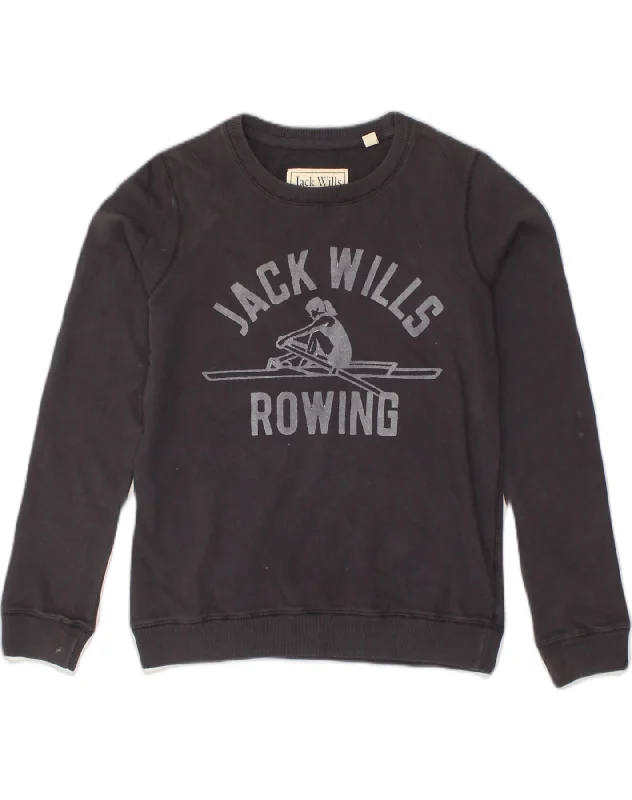 JACK WILLS Womens Graphic Sweatshirt Jumper UK 6 XS Navy Blue Cotton Hoodie with Snap Buttons Easy Quick