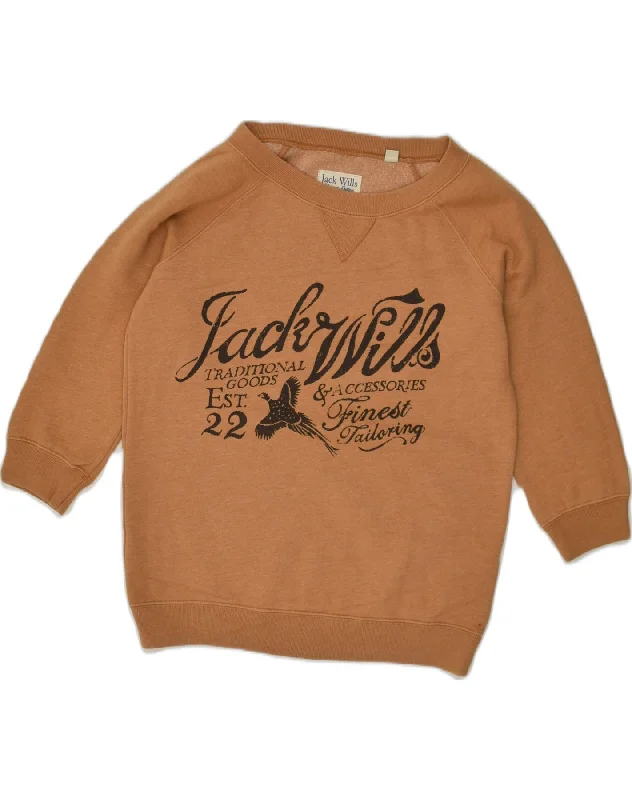 JACK WILLS Womens Graphic Sweatshirt Jumper UK 8 Small  Brown Cotton Hoodie Sweatshirt Pullover