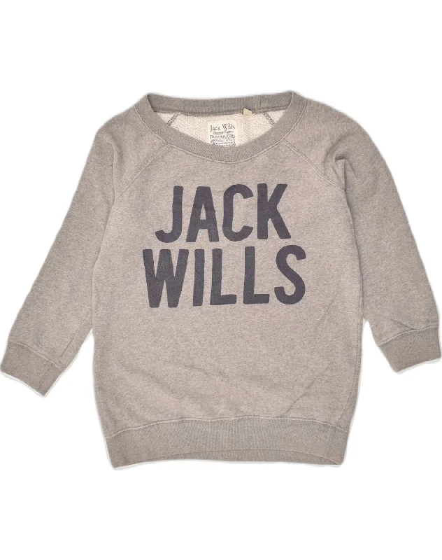 JACK WILLS Womens Graphic Sweatshirt Jumper UK 8 Small Grey Cotton Hoodie with Pattern Geometric Abstract