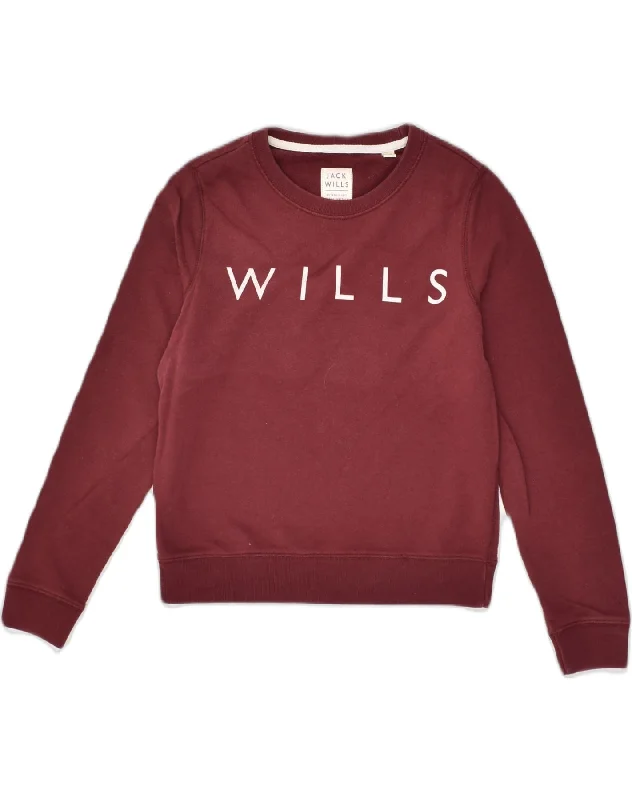 JACK WILLS Womens Graphic Sweatshirt Jumper UK 8 Small Maroon Cotton Hoodie with Mesh Breathable Sporty