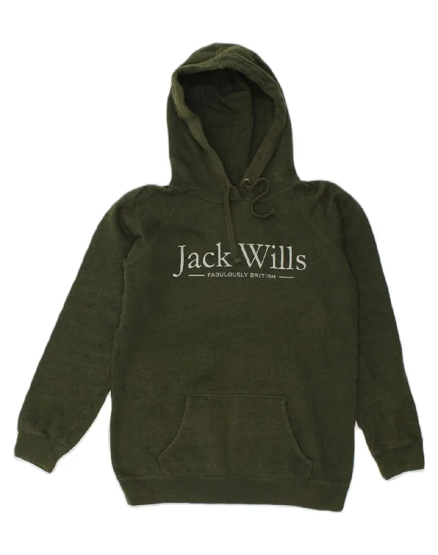 JACK WILLS Womens Loose Fit Graphic Hoodie Jumper UK 10 Small Khaki Cotton Hoodie with Raw Hem Edgy Unfinished