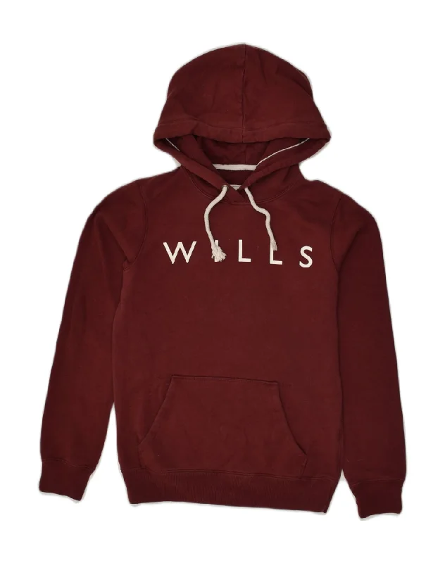 JACK WILLS Womens Loose Fit Graphic Hoodie Jumper UK 6 XS Maroon Cotton Hoodie with Hem Contrast Bold Stylish