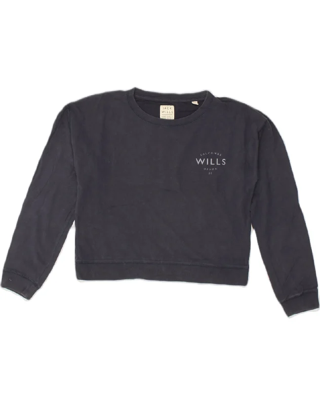 JACK WILLS Womens Oversized Crop Sweatshirt Jumper UK 10 Small  Navy Blue Hoodie with Drawcord Adjustable Secure