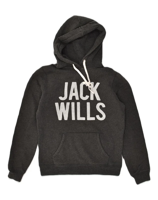 JACK WILLS Womens Oversized Graphic Hoodie Jumper UK 10 Small  Grey Cotton Hoodie with Front Slit Layering Stylish