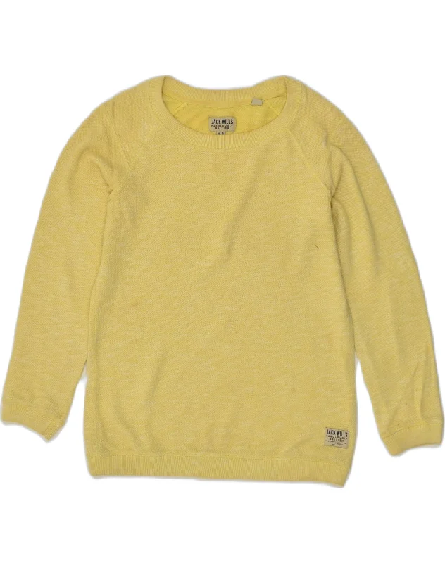 JACK WILLS Womens Sweatshirt Jumper UK 8 Small Yellow Cotton Hoodie with Hem Frayed Vintage Worn