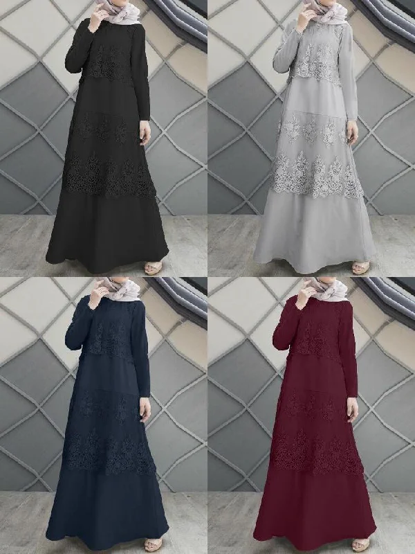 Lace Stitching A-line O-neck Pure Color Long Sleeve Muslim Abaya Kaftan Women Maxi Dress Fashionable High-Waist Maxi Dress Lace Stitching A-line O-neck Pure Color Long Sleeve Muslim Abaya Kaftan Women Maxi Dress Fashionable High-Waist Maxi Dress