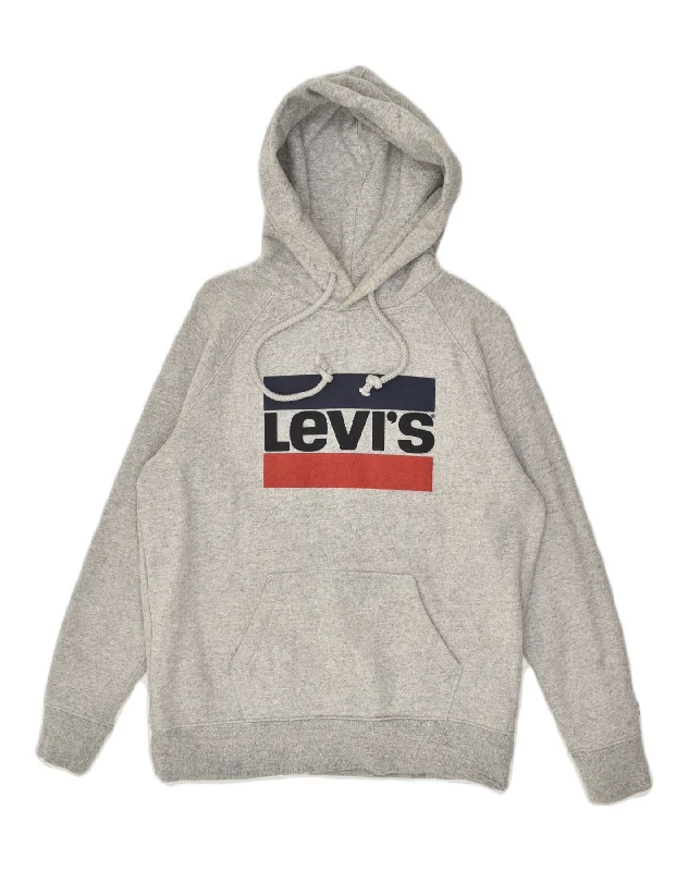 LEVI'S Womens Graphic Hoodie Jumper UK 14 Medium Grey Cotton Hoodie with Lining Warm Insulated