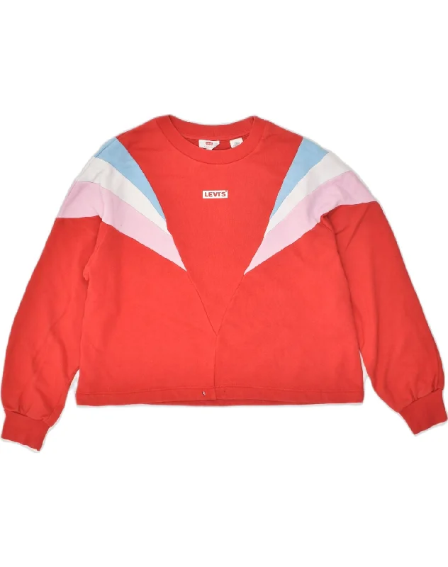 LEVI'S Womens Oversized Sweatshirt Jumper UK 10 Small Red Colourblock Hoodie with Hem Detail Decorative Unique