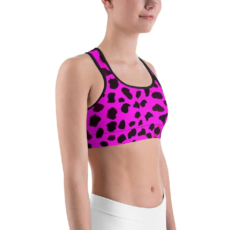 Pink Cow Women's Sports Bra, Animal Print Yoga Sports Workout Bra - Made in USA/EU Breathable Wireless Bra