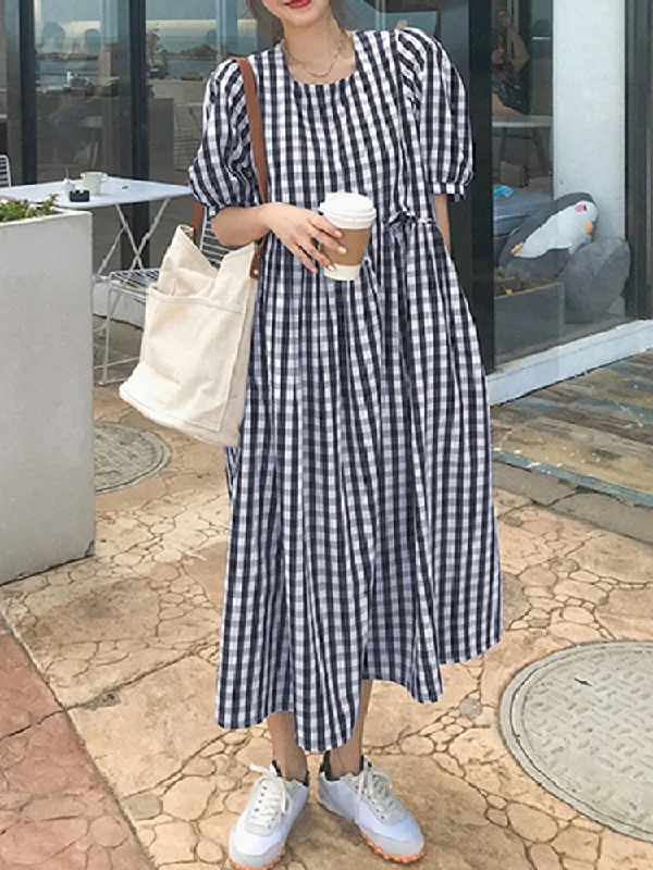 Plaid Print Puff Sleeve Irregular Spliced Shirt Casual Maxi Dress For Women Comfortable Satin Maxi Dress Plaid Print Puff Sleeve Irregular Spliced Shirt Casual Maxi Dress For Women Comfortable Satin Maxi Dress