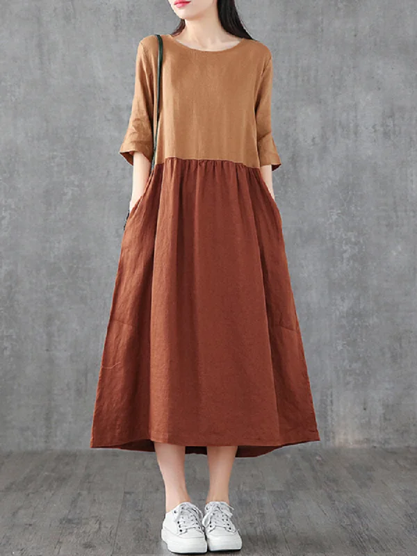Casual Color Block Round Neck Stitching Maxi Dress With Pocket Comfortable T-Shirt Maxi Dress Casual Color Block Round Neck Stitching Maxi Dress With Pocket Comfortable T-Shirt Maxi Dress
