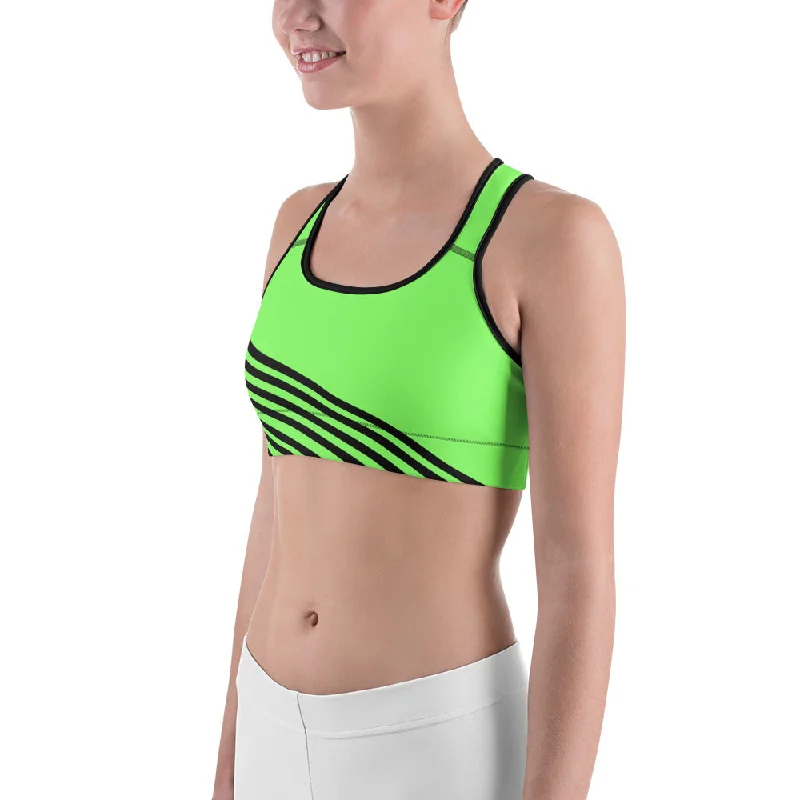 Neon Green Striped Sports Bra, Black Diagonal Stripe Print Fitness Bra - Made in USA/EU Soft Lace Bra