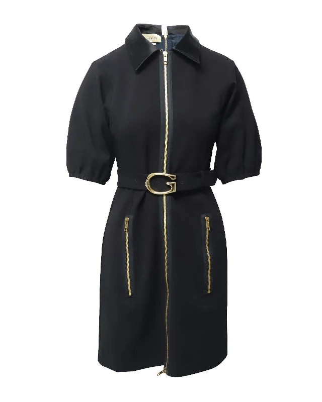 Black Viscose Jersey Mini Dress with G Buckle Belt Comfortable Fit-and-Flare Mini Dress