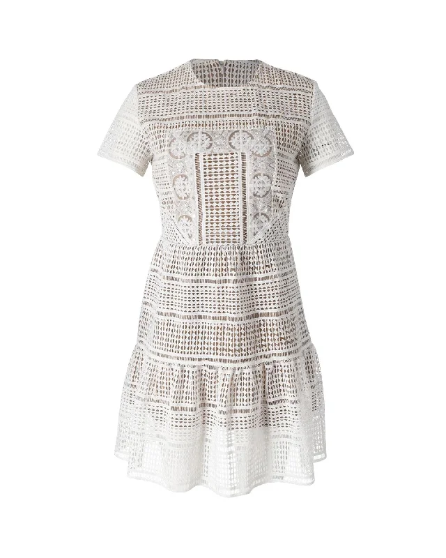 Laser-Cut Lace White Mini Dress by Self-Portrait Casual Mini Dress with Pockets