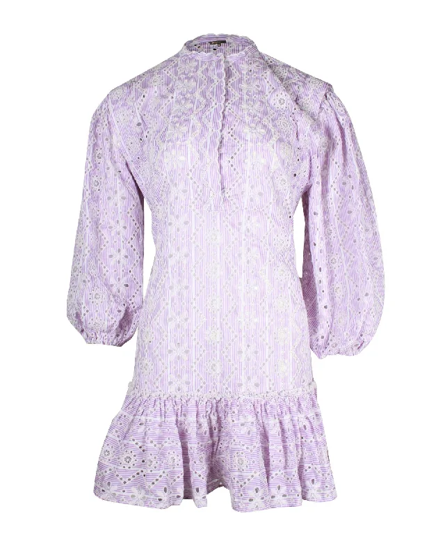 Lilac Cotton Eyelet Striped Mini Dress with Floral Embroidery Cozy Ribbed Mini Dress