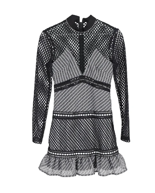 Mesh Mini Dress with Ruffled Hem in Black Polyester Cozy Wraparound Mini Dress