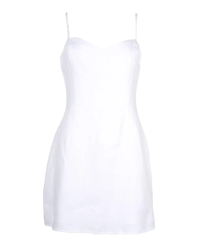 White Linen Roarke Mini Dress with Sweetheart Neckline and Adjustable Straps Chic Tropical Mini Dress