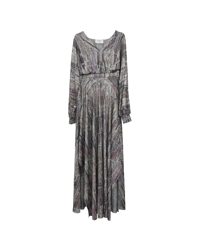 Metallic Maxi Dress with Abstract Print and Side Slit Stylish Long Sleeve Maxi Dress Metallic Maxi Dress with Abstract Print and Side Slit Stylish Long Sleeve Maxi Dress