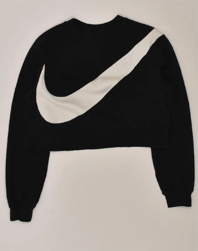 NIKE Womens Crop Sweatshirt Jumper UK 6 XS Black Cotton Hoodie with Sequins Glamorous Eye-catching