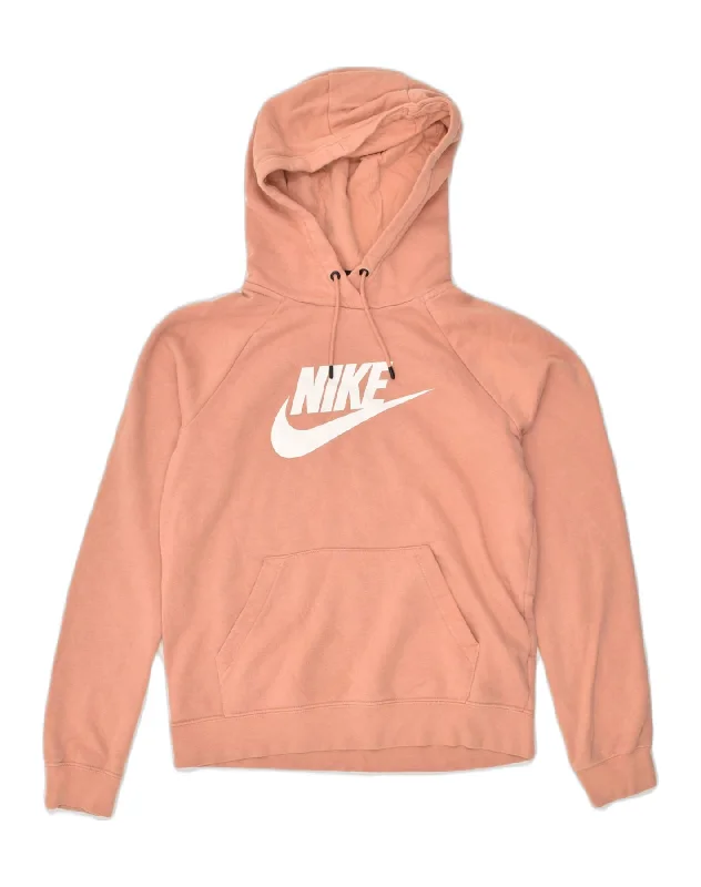 NIKE Womens Graphic Hoodie Jumper UK 10 Small Orange Cotton Hoodie with Drop Shoulder Relaxed Streetwear