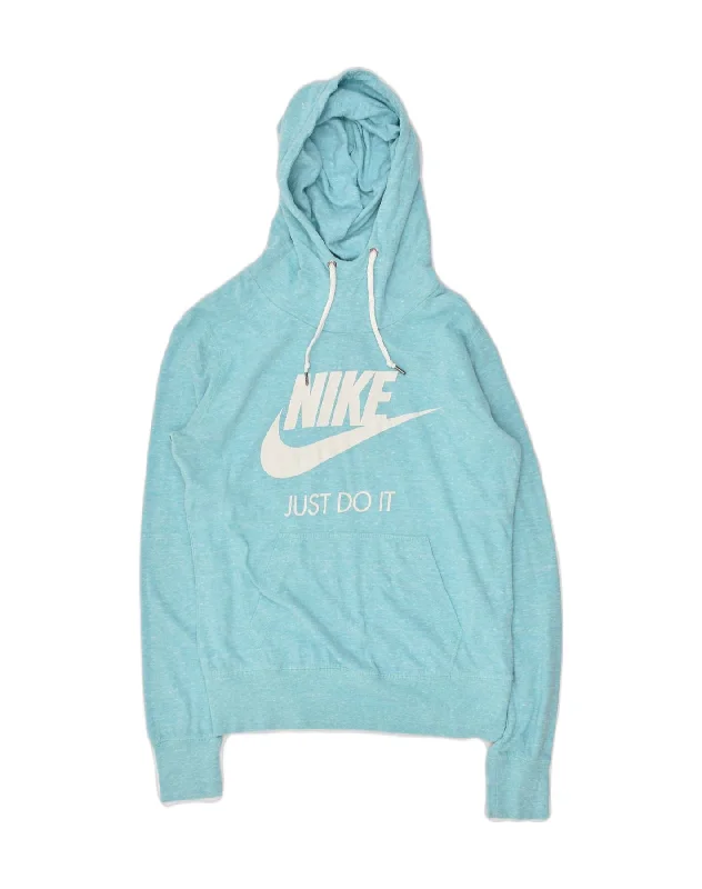 NIKE Womens Graphic Hoodie Jumper UK 14 Medium Blue Flecked Cotton Hoodie with Relaxed Fit Easy Casual