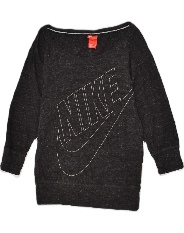 NIKE Womens Graphic Sweatshirt Jumper UK 10 Small Black Cotton Hoodie with Raglan Sleeves Sporty Comfortable