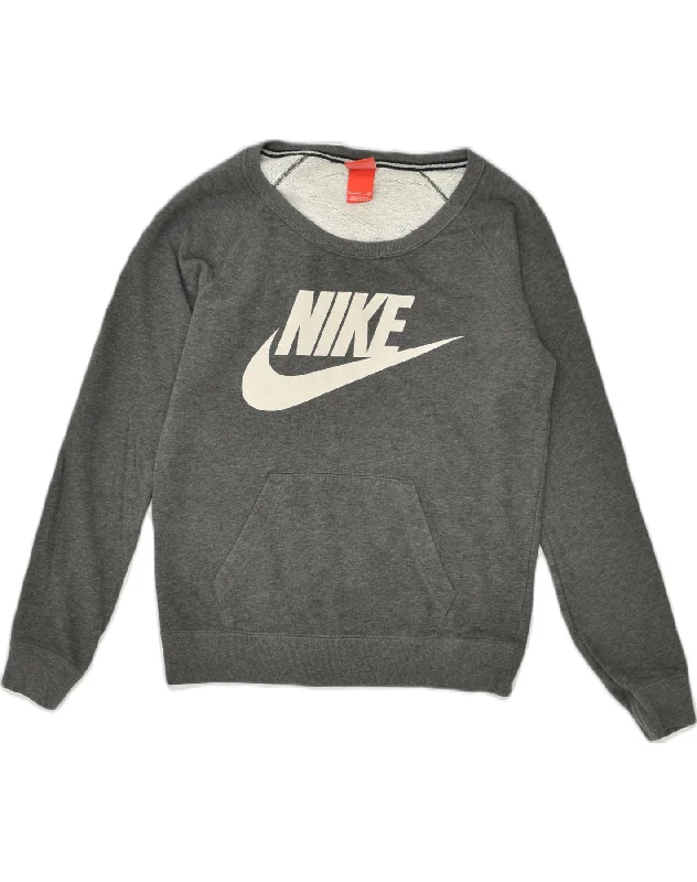 NIKE Womens Graphic Sweatshirt Jumper UK 10 Small Grey Cotton Hoodie with Hem Ribbing Snug Secure