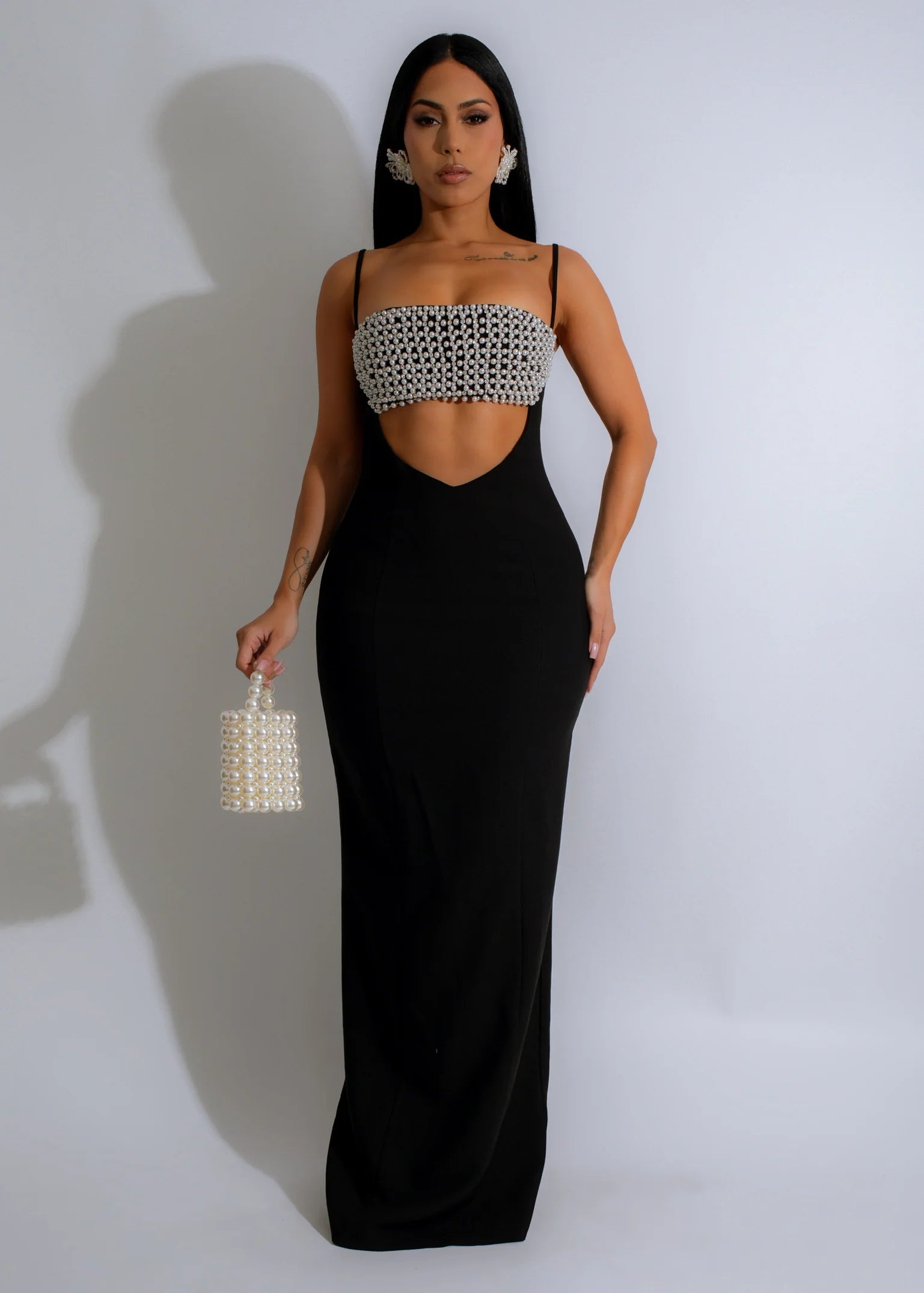Pearl Noir Rhinestone Maxi Dress Black Elegant Wraparound Maxi Dress