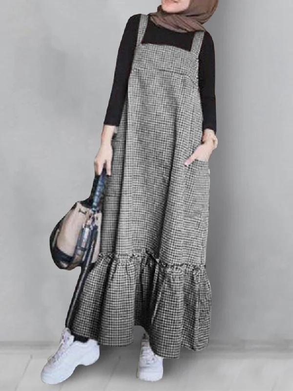 Plaid Patchwork Zip Back Casual Sleeveless Strappy Pocket Women Maxi Dress Fashionable Printed Maxi Dress Plaid Patchwork Zip Back Casual Sleeveless Strappy Pocket Women Maxi Dress Fashionable Printed Maxi Dress