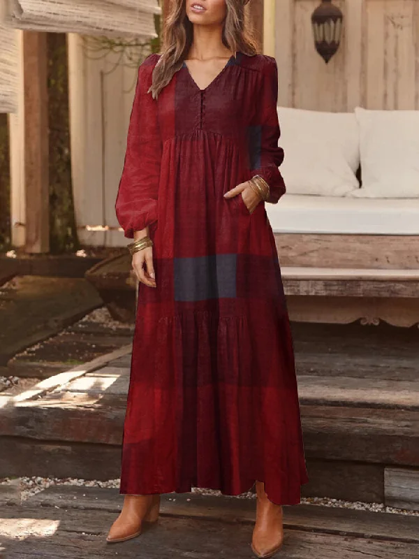 Plaid Print V-neck Button Long Sleeve Vintage Pocket Women Maxi Dress Cozy Ruffle Sleeve Maxi Dress Plaid Print V-neck Button Long Sleeve Vintage Pocket Women Maxi Dress Cozy Ruffle Sleeve Maxi Dress