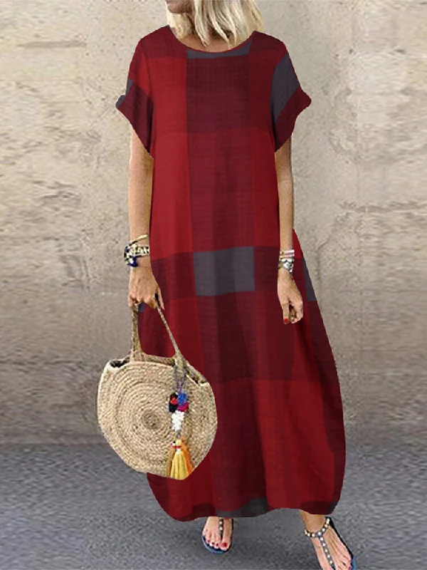 Plaid Short Sleeve Crew Neck Pocket Baggy Vintage Long Women Maxi Dress Comfortable Casual Maxi Dress Plaid Short Sleeve Crew Neck Pocket Baggy Vintage Long Women Maxi Dress Comfortable Casual Maxi Dress