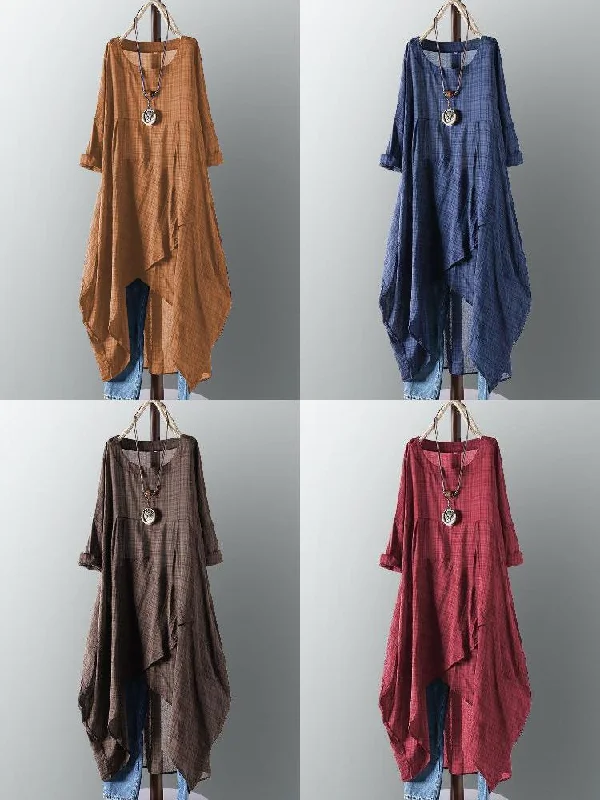 Plus Plaid Casual Asymmetrical Shirt Irregular Hem Women Maxi Dress Fashionable Open-Back Maxi Dress Plus Plaid Casual Asymmetrical Shirt Irregular Hem Women Maxi Dress Fashionable Open-Back Maxi Dress
