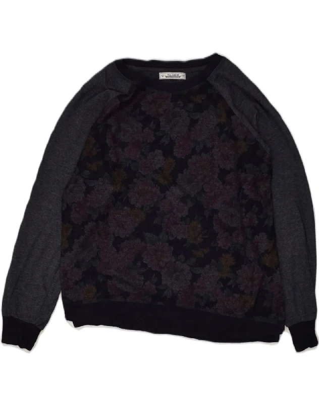 PULL & BEAR Womens Graphic Sweatshirt Jumper UK 14 Medium Navy Blue Floral Hoodie with Raglan Sleeves Sporty Comfortable