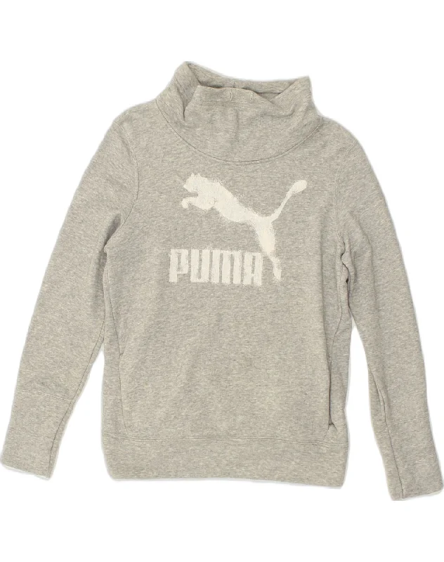 PUMA Womens Graphic Roll Neck Sweatshirt Jumper UK 12 Medium Grey Cotton Hoodie with Thumb Holes Functional Cozy