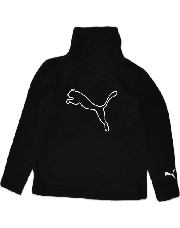 PUMA Womens Graphic Shawl Neck Sweatshirt Jumper UK 14 Large Black Cotton Hoodie with Slit Hem Functional Movement