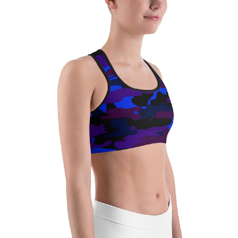 Purple Camo Sports Bra, Blue Military Army Print Women's Fitness Bra -Made in USA/ EU Daily Comfort Bra