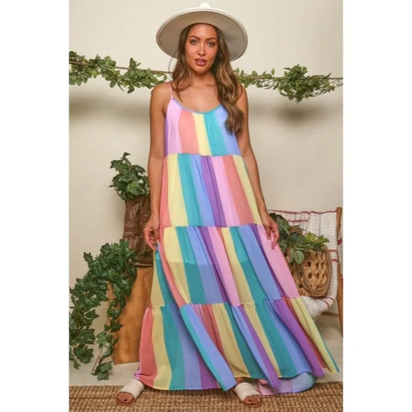 Rainbow Colorful Multi Color Bright Striped Tiered Tie Shoulder Maxi Dress Elegant Pleated Maxi Dress Rainbow Colorful Multi Color Bright Striped Tiered Tie Shoulder Maxi Dress Elegant Pleated Maxi Dress