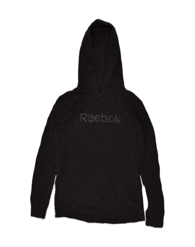 REEBOK Womens Graphic Hoodie Jumper UK 18 XL Black Cotton Hoodie with Bell Sleeves Flared Feminine