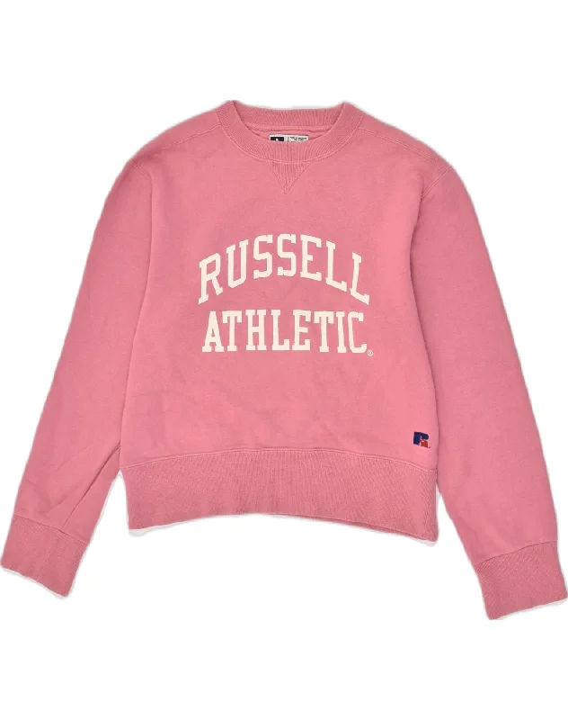 RUSSELL ATHLETIC Womens Crop Graphic Sweatshirt Jumper UK 18 XL Pink Hoodie with V-Neck Classic Versatile