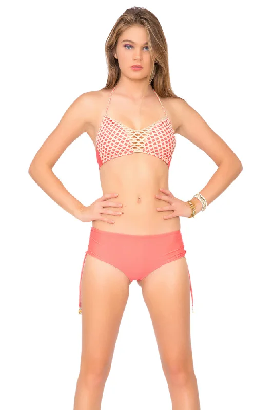 STARFISH WISHES - Criss Cross Sporty Bra & Adjustable Reversible Drawstring High Bottom • Fire Coral Adjustable Fit Bra