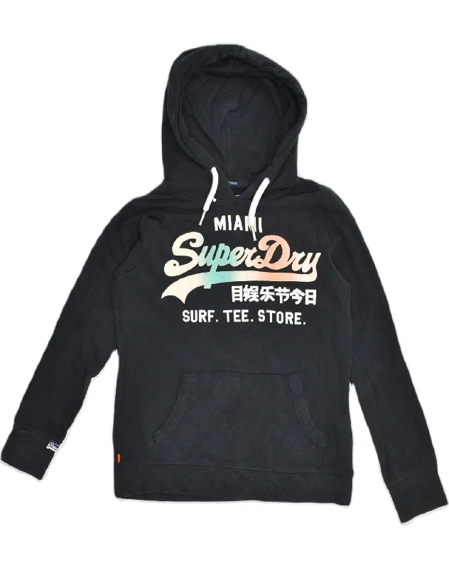 SUPERDRY Womens Graphic Hoodie Jumper UK 10 Small Black Cotton Hoodie with Emblem Brand Identity