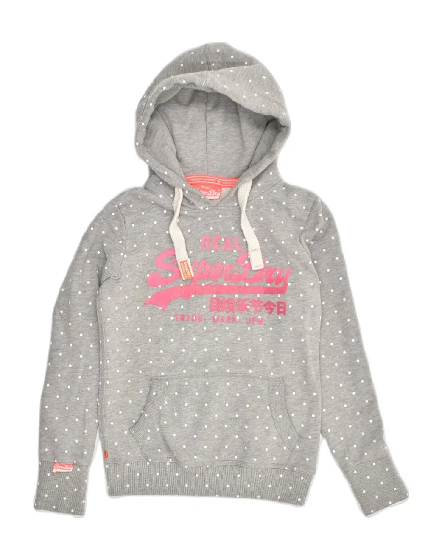 SUPERDRY Womens Graphic Hoodie Jumper UK 10 Small  Grey Polka Dot Cotton Graphic Hoodie Design Print