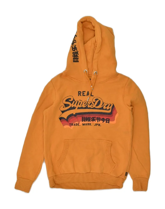 SUPERDRY Womens Graphic Hoodie Jumper UK 12 Medium  Orange Cotton Hoodie with Hem Embroidery Detailed Premium