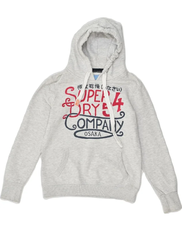 SUPERDRY Womens Graphic Hoodie Jumper UK 14 Large Grey Cotton Hoodie with Side Slits Relaxed Casual